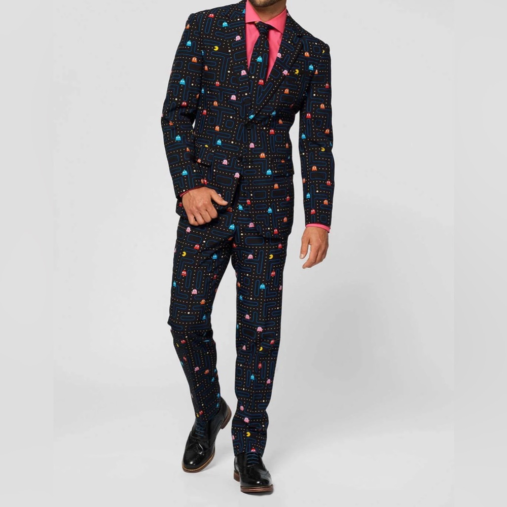 Opposuits PAC-MAN Suit Jacket Pants Tie Jacket Size 50 Waist 42” Inseam 34”